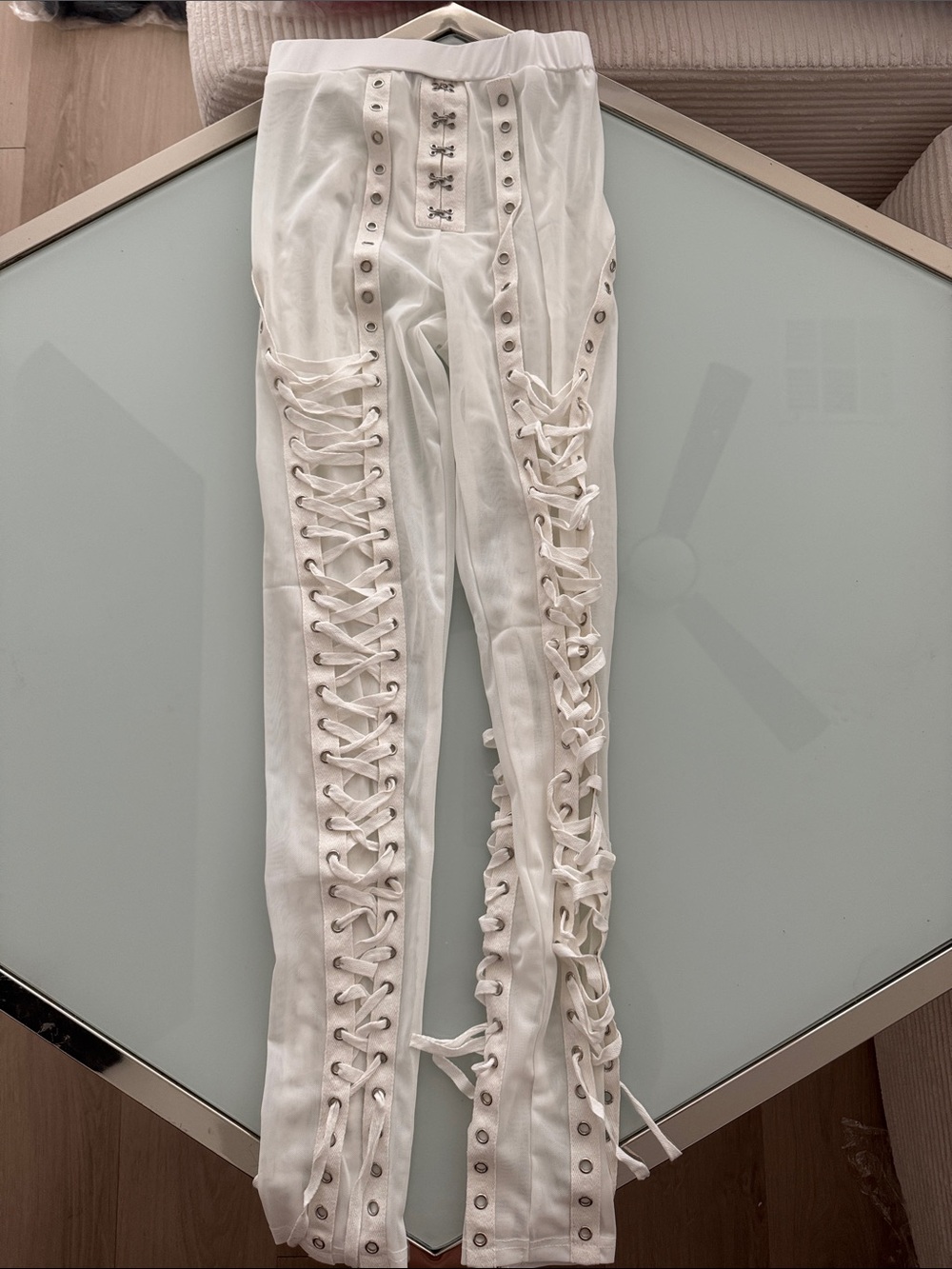 White Lace-Up Leggings with Grommet Details